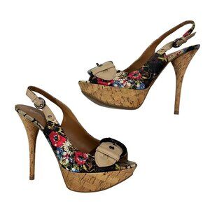 Guess heels women's 8 black pink floral fabric platform stiletto buckle toe